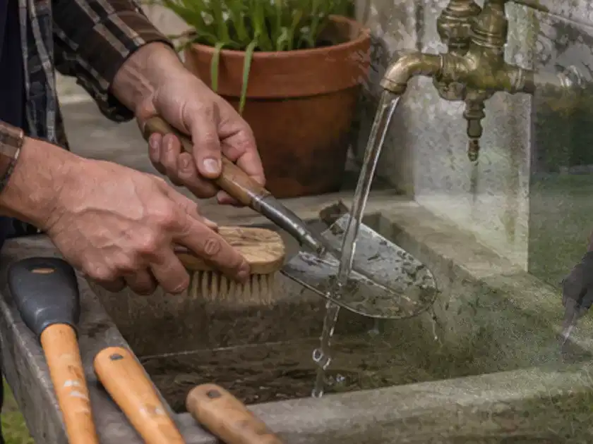 Hände reinigen gebrauchte Gartengeräte mit Bürste und Wasser am Außenbecken; Thema Gartenscheren, Schwerpunkt Checkliste; Titelbild.