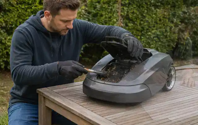 Person wartet einen geöffneten Mähroboter auf einem stabilen Gartentisch; Thema Gartenscheren, Schwerpunkt Checkliste; Praxisalltag.