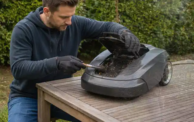 Person wartet einen geöffneten Mähroboter auf einem stabilen Gartentisch; Thema Gartenscheren, Schwerpunkt Dimensionierung; Kontrolle.