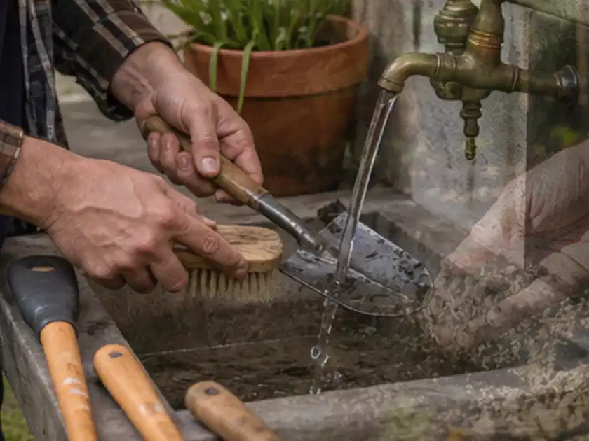 Hände reinigen gebrauchte Gartengeräte mit Bürste und Wasser am Außenbecken; Thema Gartenscheren, Schwerpunkt Ersatzteile; Titelbild.