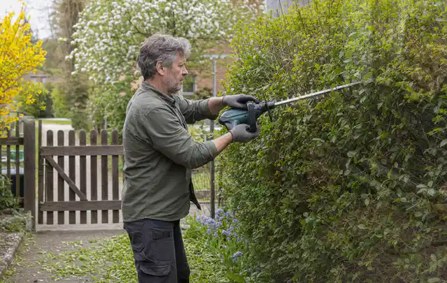 Person schneidet eine Gartenhecke mit einem motorisierten Gartengerät; Thema Gartenscheren, Schwerpunkt Ersatzteile; Umsetzung.