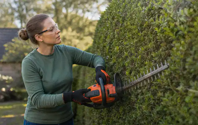 Person schneidet eine dichte Gartenhecke mit Schutzbrille und sicherem Stand; Thema Gartenscheren, Schwerpunkt Ersatzteile; Kontrolle.