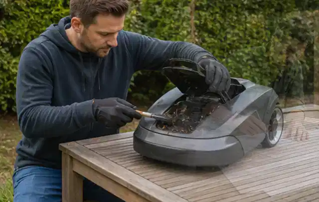 Person wartet einen geöffneten Mähroboter auf einem stabilen Gartentisch; Thema Gartenscheren, Schwerpunkt Ersatzteile; Ergebnis.