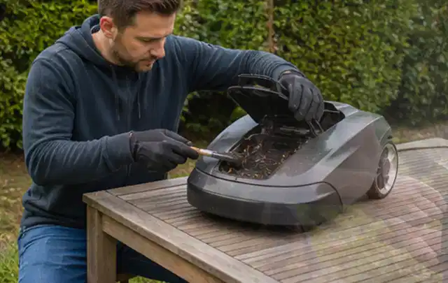 Person wartet einen geöffneten Mähroboter auf einem stabilen Gartentisch; Thema Gartenscheren, Schwerpunkt Gärten mit kleiner Fläche; Umsetzung.