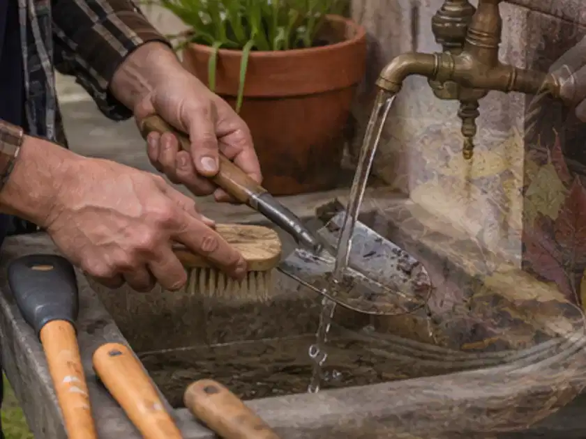 Hände reinigen gebrauchte Gartengeräte mit Bürste und Wasser am Außenbecken; Thema Gartenscheren, Schwerpunkt Kaufberatung; Titelbild.