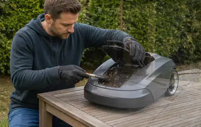 Person wartet einen geöffneten Mähroboter auf einem stabilen Gartentisch; Thema Gartenscheren, Schwerpunkt Kosten; Umsetzung.