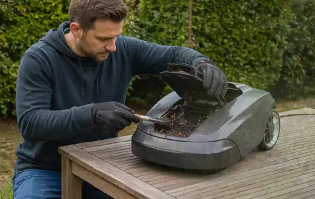 Person wartet einen geöffneten Mähroboter auf einem stabilen Gartentisch; Thema Gartenscheren, Schwerpunkt Leistung; Umsetzung.