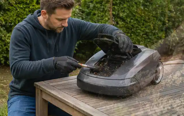 Person wartet einen geöffneten Mähroboter auf einem stabilen Gartentisch; Thema Gartenscheren, Schwerpunkt Nachhaltigkeit; Ergebnis.