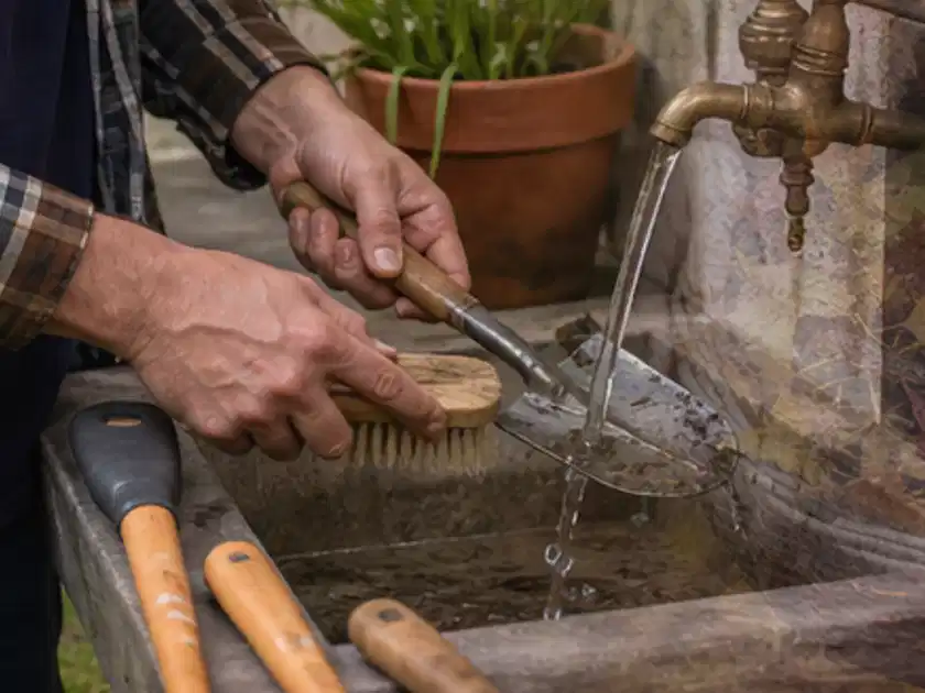 Hände reinigen gebrauchte Gartengeräte mit Bürste und Wasser am Außenbecken; Thema Gartenscheren, Schwerpunkt Reinigung; Titelbild.
