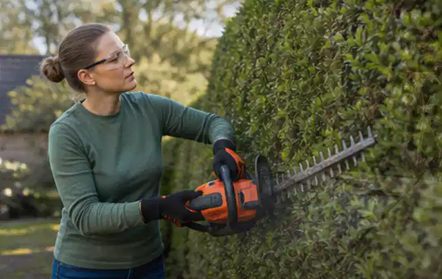 Person schneidet eine dichte Gartenhecke mit Schutzbrille und sicherem Stand; Thema Gartenscheren, Schwerpunkt Reinigung; Umsetzung.