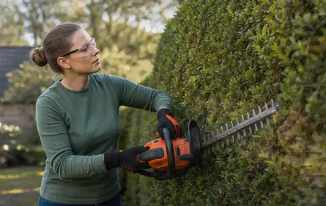 Person schneidet eine dichte Gartenhecke mit Schutzbrille und sicherem Stand; Thema Gartenscheren, Schwerpunkt Reparatur; Umsetzung.