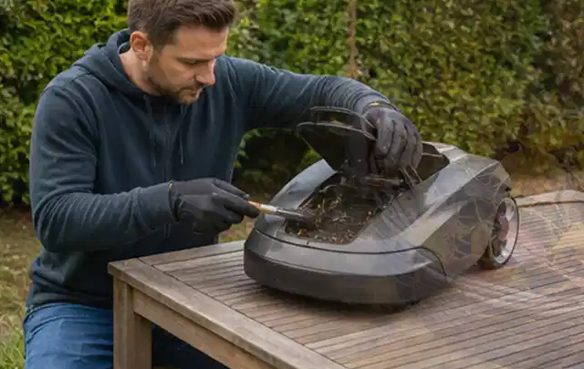Person wartet einen geöffneten Mähroboter auf einem stabilen Gartentisch; Thema Gartenscheren, Schwerpunkt Systemvergleich; Kontrolle.