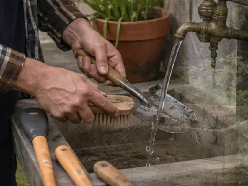 Hände reinigen gebrauchte Gartengeräte mit Bürste und Wasser am Außenbecken; Thema Gartenscheren, Schwerpunkt Wartung; Titelbild.