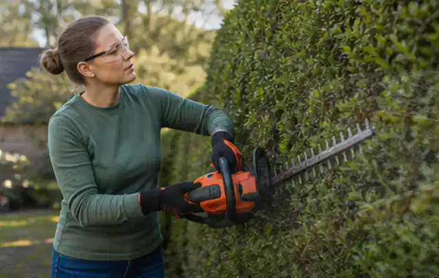 Person schneidet eine dichte Gartenhecke mit Schutzbrille und sicherem Stand; Thema Gartenscheren, Schwerpunkt Wartung; Praxisalltag.