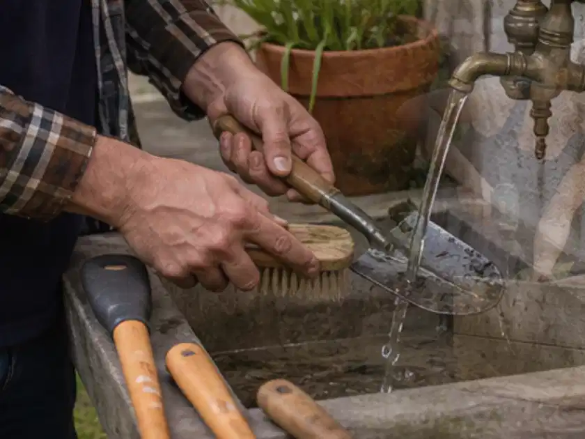 Hände reinigen gebrauchte Gartengeräte mit Bürste und Wasser am Außenbecken; Thema Gartenscheren, Schwerpunkt Winterlager; Titelbild.