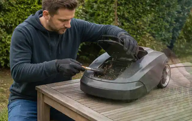 Person wartet einen geöffneten Mähroboter auf einem stabilen Gartentisch; Thema Gartenscheren, Schwerpunkt Winterlager; Umsetzung.
