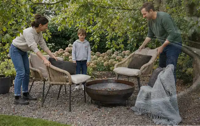 Familie stellt wetterfeste Sessel an einem geschützten Sitzplatz im Garten auf; Thema Gartenstühle, Schwerpunkt Bestenliste; Ergebnis.