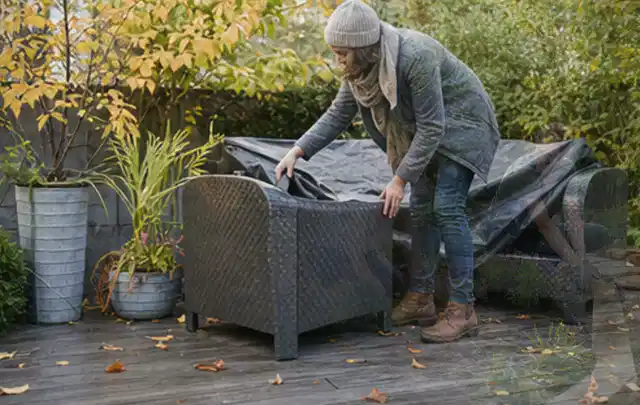 Person deckt Gartenmöbel vor der kalten Jahreszeit sorgfältig ab; Thema Gartenstühle, Schwerpunkt Checkliste; Ausgangslage.