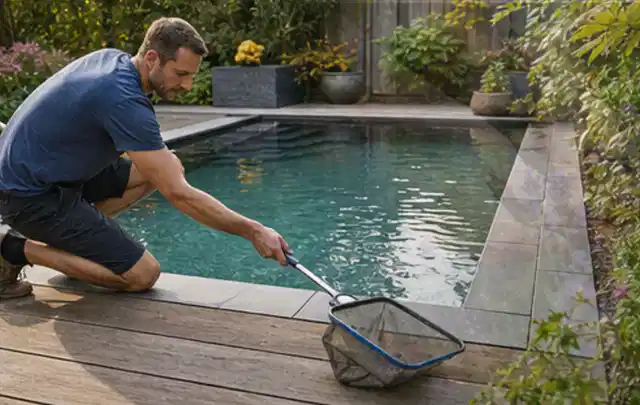 Person entfernt Blätter mit einem Kescher aus einem kleinen Gartenpool; Thema Gartenstühle, Schwerpunkt Checkliste; Umsetzung.