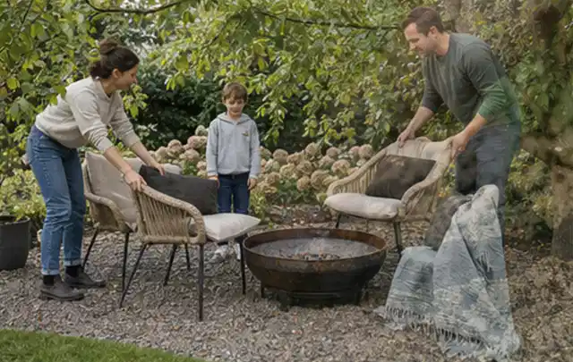 Familie stellt wetterfeste Sessel an einem geschützten Sitzplatz im Garten auf; Thema Gartenstühle, Schwerpunkt Checkliste; Praxisalltag.
