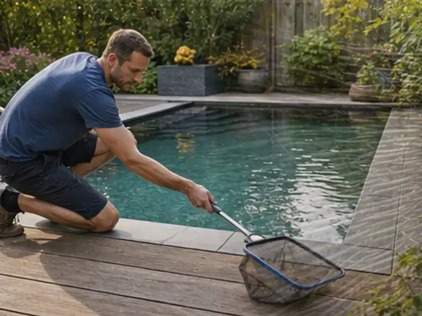 Person entfernt Blätter mit einem Kescher aus einem kleinen Gartenpool; Thema Gartenstühle, Schwerpunkt Dimensionierung; Titelbild.