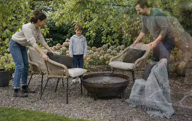 Familie stellt wetterfeste Sessel an einem geschützten Sitzplatz im Garten auf; Thema Gartenstühle, Schwerpunkt Dimensionierung; Ergebnis.
