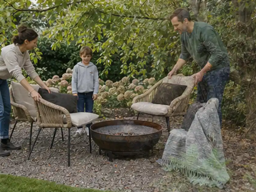 Familie stellt wetterfeste Sessel an einem geschützten Sitzplatz im Garten auf; Thema Gartenstühle, Schwerpunkt Ersatzteile; Titelbild.