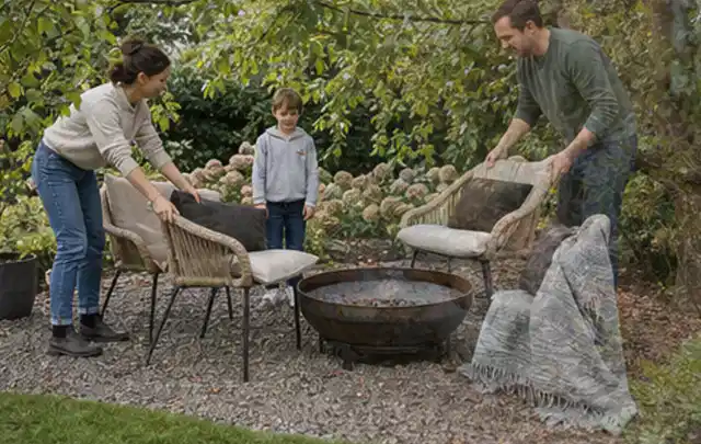 Familie stellt wetterfeste Sessel an einem geschützten Sitzplatz im Garten auf; Thema Gartenstühle, Schwerpunkt Fehlerhilfe; Ergebnis.