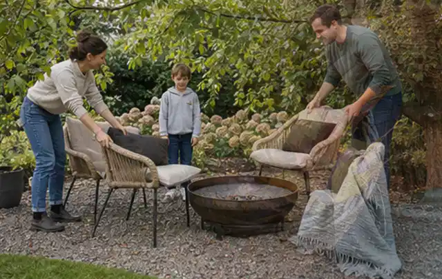 Familie stellt wetterfeste Sessel an einem geschützten Sitzplatz im Garten auf; Thema Gartenstühle, Schwerpunkt Gärten mit großer Fläche; Ergebnis.