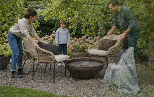 Familie stellt wetterfeste Sessel an einem geschützten Sitzplatz im Garten auf; Thema Gartenstühle, Schwerpunkt Gärten mit kleiner Fläche; Ausgangslage.