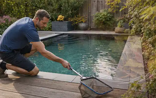 Person entfernt Blätter mit einem Kescher aus einem kleinen Gartenpool; Thema Gartenstühle, Schwerpunkt Kosten; Kontrolle.