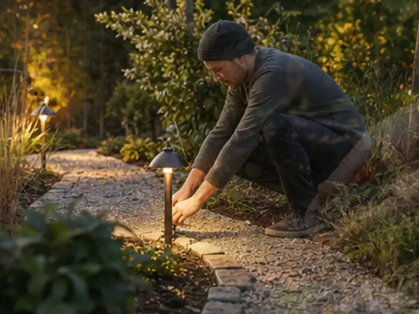 Person richtet eine niedrige warm leuchtende Gartenlampe am Kiesweg aus; Thema Gartenstühle, Schwerpunkt Nachhaltigkeit; Titelbild.