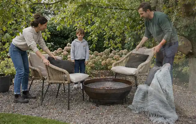 Familie stellt wetterfeste Sessel an einem geschützten Sitzplatz im Garten auf; Thema Gartenstühle, Schwerpunkt Outdoor Freizeit; Ergebnis.