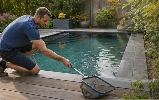 Person entfernt Blätter mit einem Kescher aus einem kleinen Gartenpool; Thema Gartenstühle, Schwerpunkt Reinigung; Kontrolle.