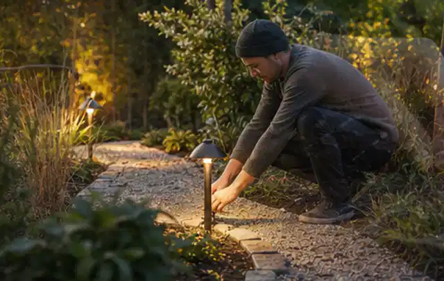 Person richtet eine niedrige warm leuchtende Gartenlampe am Kiesweg aus; Thema Gartenstühle, Schwerpunkt Reparatur; Ergebnis.