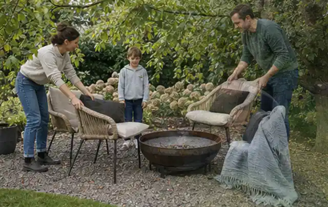 Familie stellt wetterfeste Sessel an einem geschützten Sitzplatz im Garten auf; Thema Gartenstühle, Schwerpunkt Sicherheit; Umsetzung.