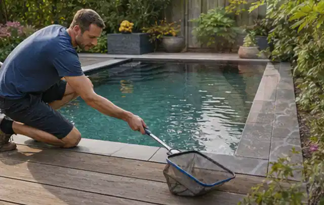 Person entfernt Blätter mit einem Kescher aus einem kleinen Gartenpool; Thema Gartenstühle, Schwerpunkt Sicherheit; Praxisalltag.