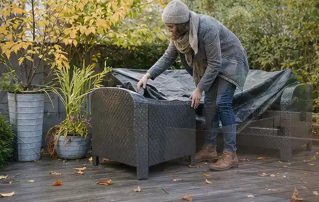 Person deckt Gartenmöbel vor der kalten Jahreszeit sorgfältig ab; Thema Gartenstühle, Schwerpunkt Systemvergleich; Kontrolle.
