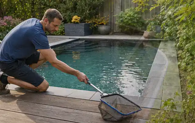 Person entfernt Blätter mit einem Kescher aus einem kleinen Gartenpool; Thema Gartenstühle, Schwerpunkt Systemvergleich; Ergebnis.