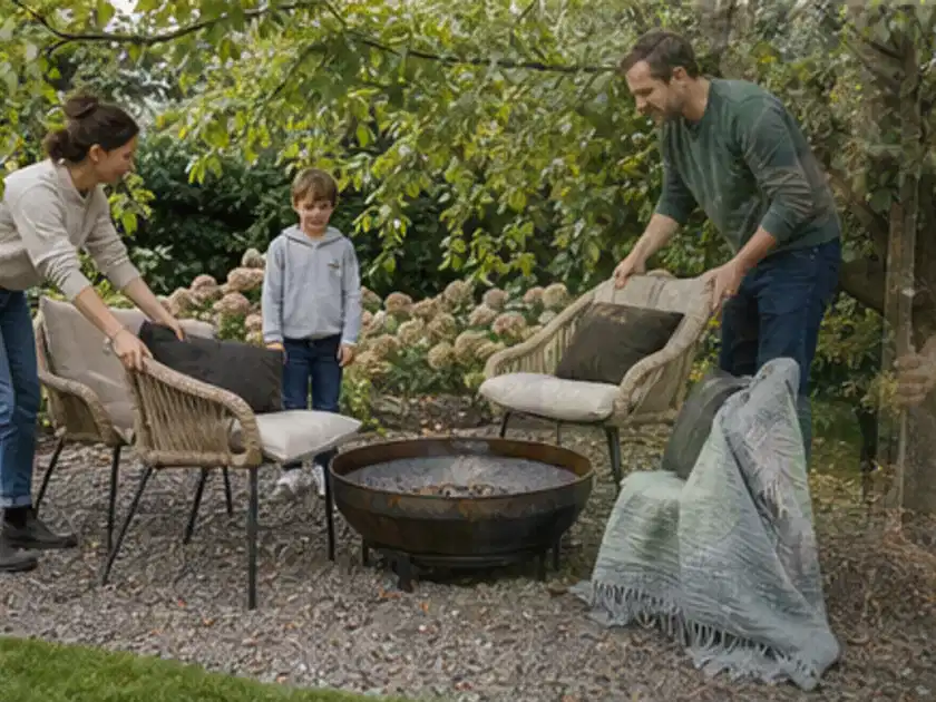 Familie stellt wetterfeste Sessel an einem geschützten Sitzplatz im Garten auf; Thema Gartenstühle, Schwerpunkt Testkriterien; Titelbild.