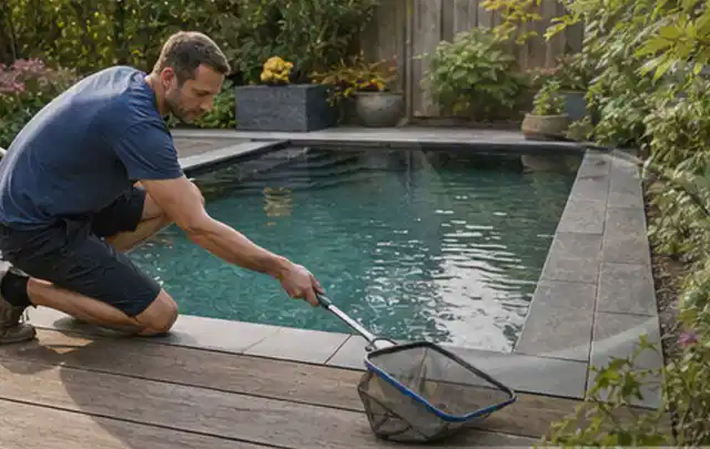 Person entfernt Blätter mit einem Kescher aus einem kleinen Gartenpool; Thema Gartenstühle, Schwerpunkt Testkriterien; Ergebnis.