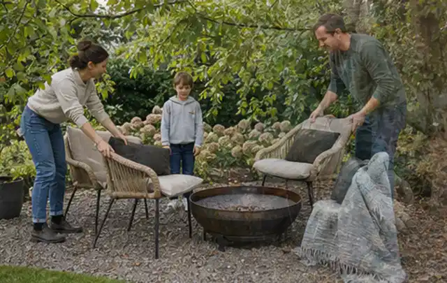 Familie stellt wetterfeste Sessel an einem geschützten Sitzplatz im Garten auf; Thema Gartenstühle, Schwerpunkt Vergleich; Ergebnis.