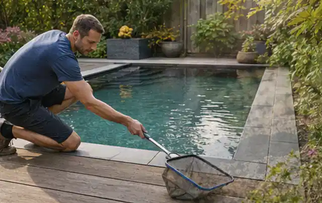 Person entfernt Blätter mit einem Kescher aus einem kleinen Gartenpool; Thema Gartenstühle, Schwerpunkt Vergleich; Praxisalltag.