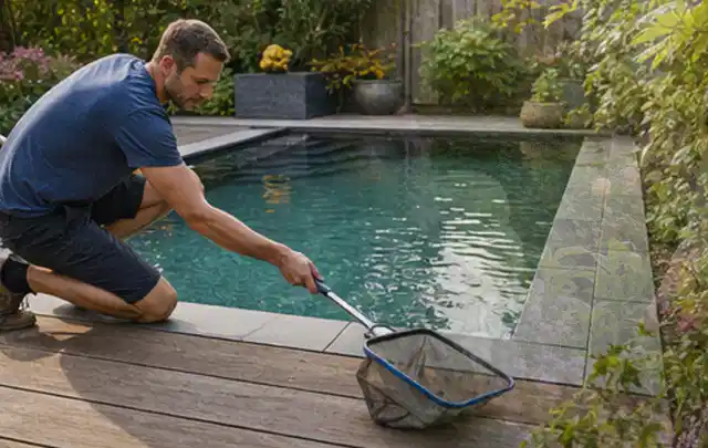 Person entfernt Blätter mit einem Kescher aus einem kleinen Gartenpool; Thema Gartenstühle, Schwerpunkt Wartung; Ausgangslage.