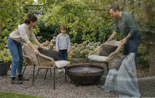 Familie stellt wetterfeste Sessel an einem geschützten Sitzplatz im Garten auf; Thema Gartenstühle, Schwerpunkt Wartung; Umsetzung.
