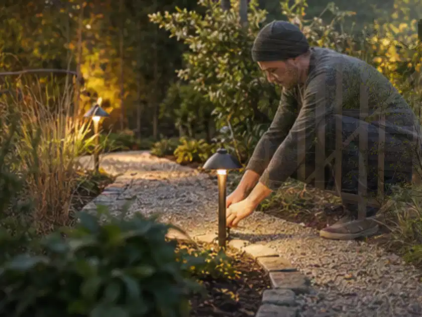 Person richtet eine niedrige warm leuchtende Gartenlampe am Kiesweg aus; Thema Gartenstühle, Schwerpunkt Winterlager; Titelbild.