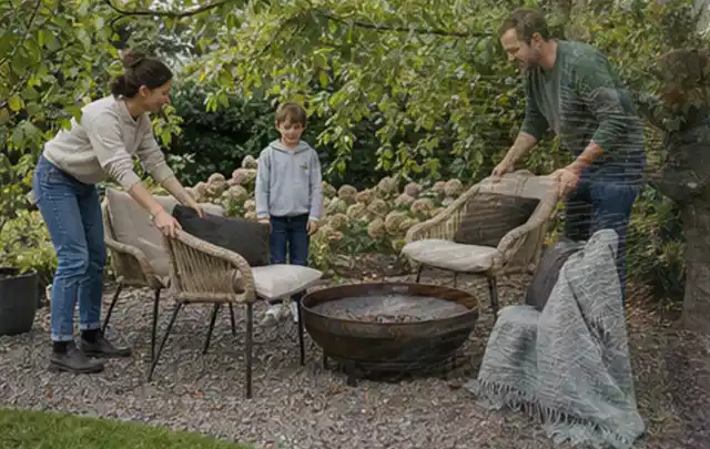 Familie stellt wetterfeste Sessel an einem geschützten Sitzplatz im Garten auf; Thema Gartenstühle, Schwerpunkt Winterlager; Ergebnis.