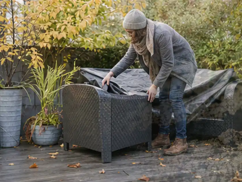 Person deckt Gartenmöbel vor der kalten Jahreszeit sorgfältig ab; Thema Gartentische, Schwerpunkt Anwendung; Titelbild.