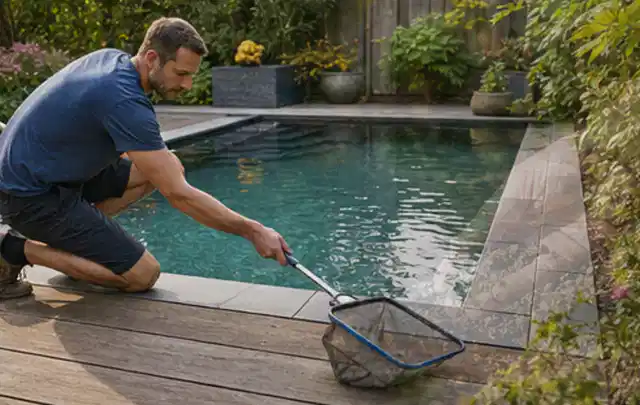 Person entfernt Blätter mit einem Kescher aus einem kleinen Gartenpool; Thema Gartentische, Schwerpunkt Anwendung; Ausgangslage.