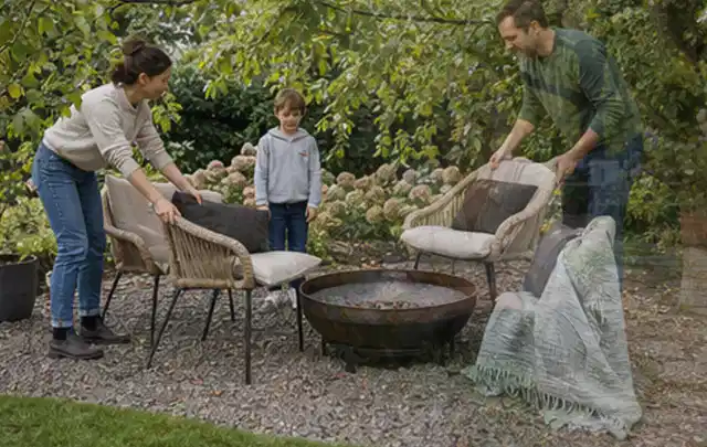 Familie stellt wetterfeste Sessel an einem geschützten Sitzplatz im Garten auf; Thema Gartentische, Schwerpunkt Bestenliste; Ausgangslage.